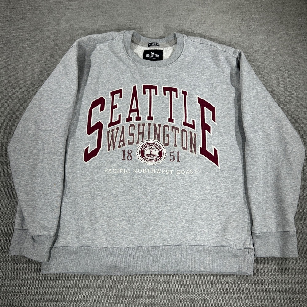 Hollister Sweatshirt Mens Large Gray Good Seattle Washington Relaxed Fit Graphic